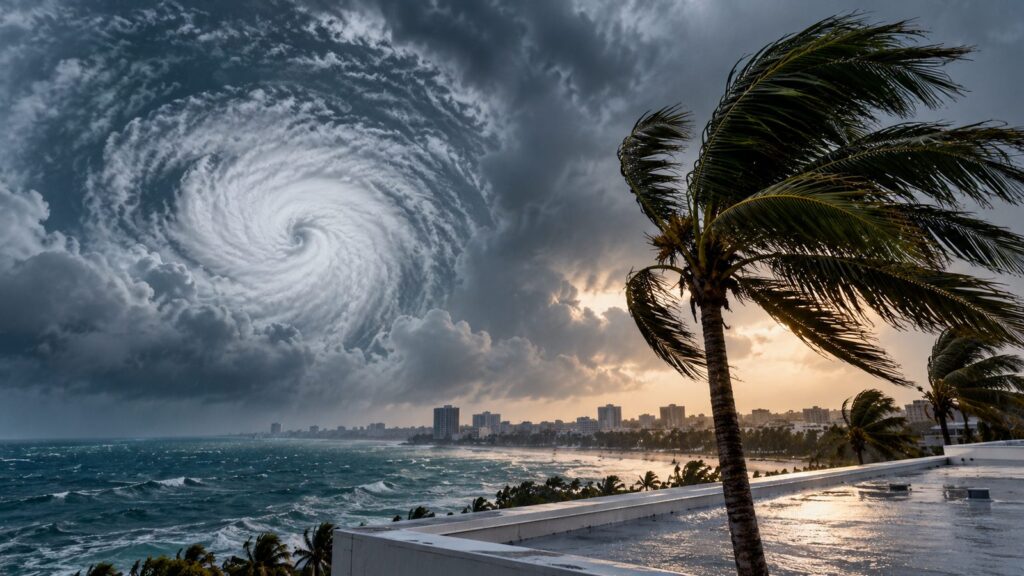 Tropical storm clouds over a Florida coastline seen from a commercial flat roof with palm trees bending in the wind