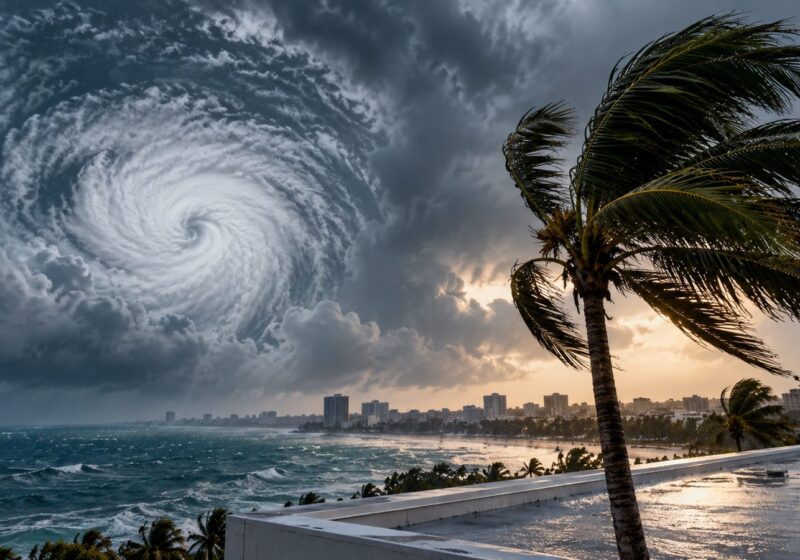Tropical storm clouds over a Florida coastline seen from a commercial flat roof with palm trees bending in the wind
